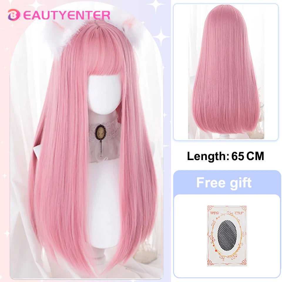 BeautyEnter Pink Long Straight Wig with Bangs for Cosplay and Daily Use pink