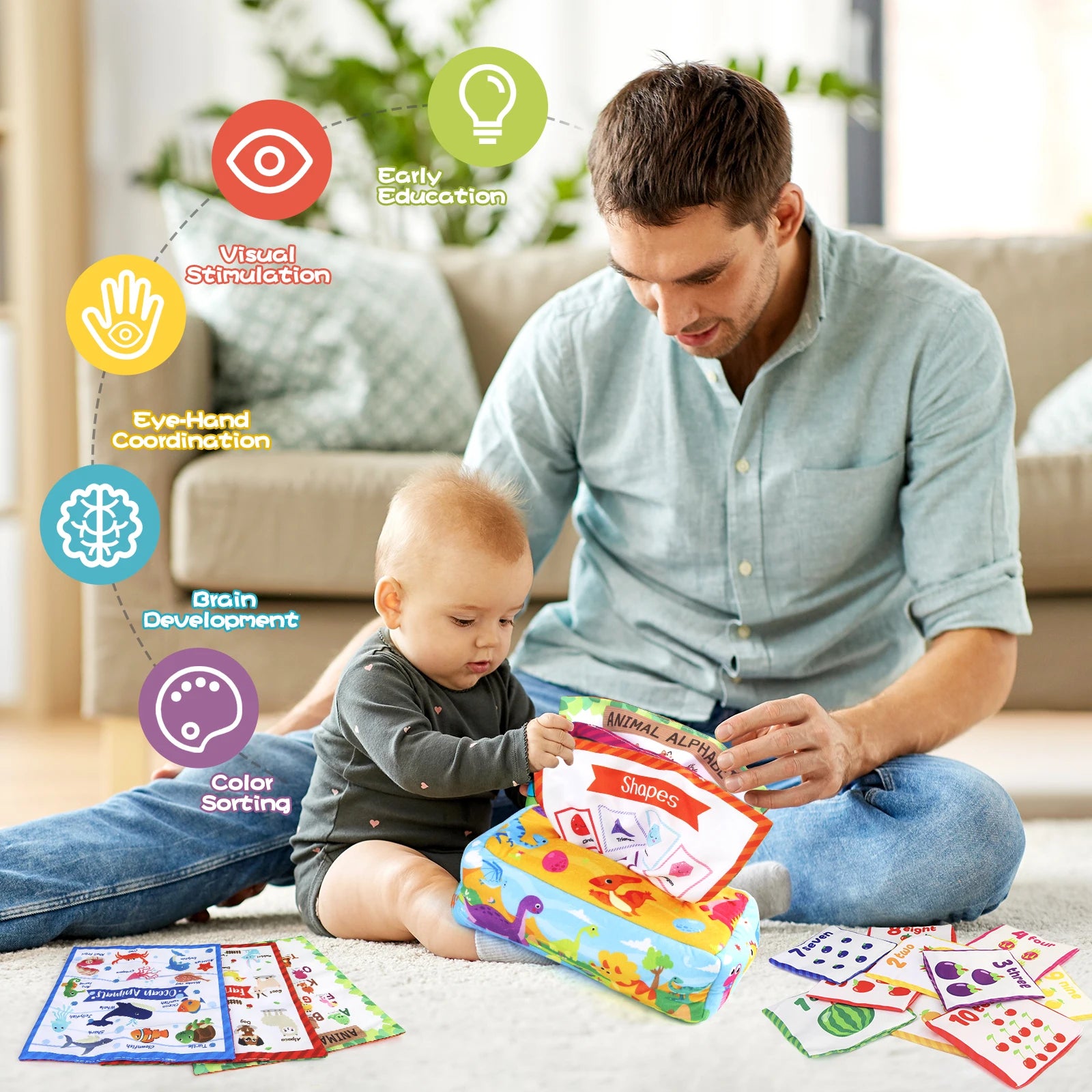 Sensory Montessori Baby Tissue Box Toy 0-18M - Colorful Soft Tissue Pump with Silk Scarves for Toddler Development and Finger Exercise