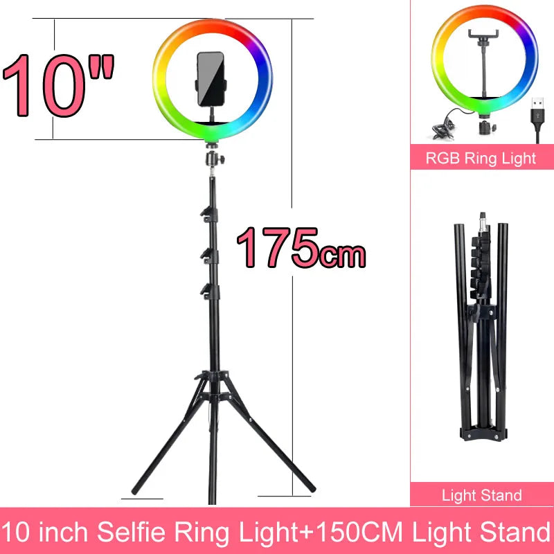 Dimmable RGB LED Selfie Ring Light with Adjustable Tripod 10 inch 150cm RGB