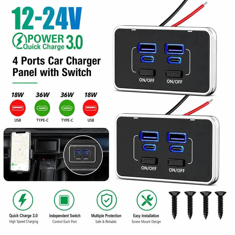 4-Port 12V USB Outlet Panel With PD QC3.0 Fast Charging For RV Car Truck Bus by InterCyprus Trading Ltd