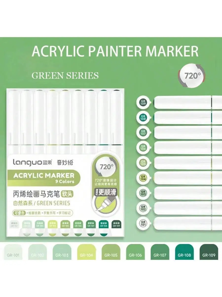 9-Piece Soft Brush Acrylic Marker Pen Set for DIY Hand Drawn Art, Student Graffiti, and Painting - M720 GREEN SERIES