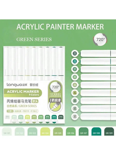 9-Piece Soft Brush Acrylic Marker Pen Set for DIY Hand Drawn Art, Student Graffiti, and Painting - M720 GREEN SERIES