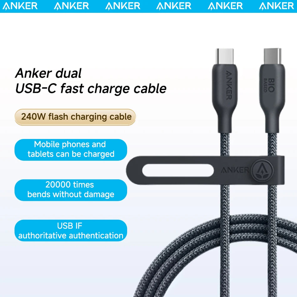 Βιολογικό Νάιλον Καλώδιο USB-C σε USB-C, 240W, Γρήγορη Φόρτιση και Συγχρονισμός Δεδομένων για iPhone 15, iPad Pro, MacBooks, Android