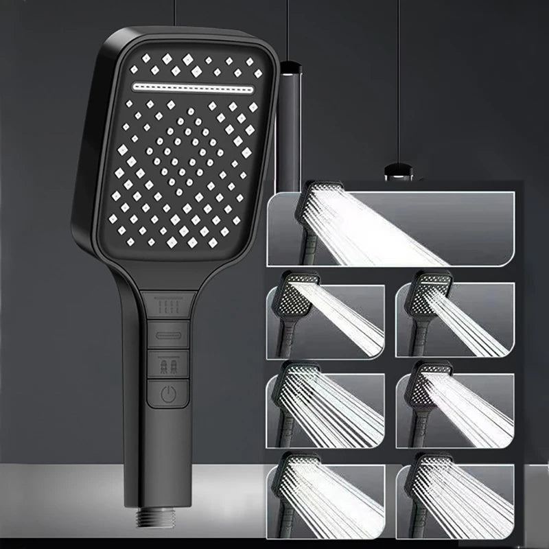 7 Tilstande Stor Bruserhoved Justerbar Én Nøgle Stop Badeværelse Højtryk Vandbesparende Bruser Mixer Dyser Badeværelsestilbehør