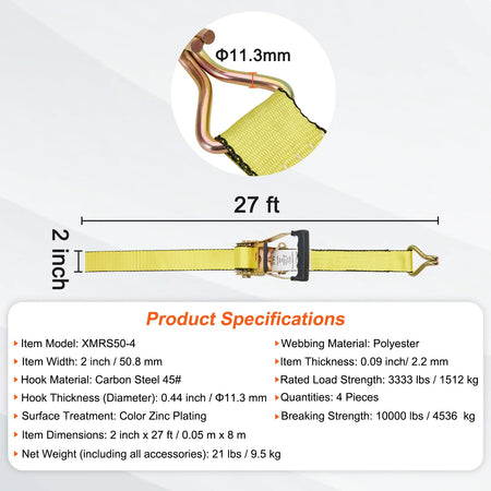 SucceBuy 4Pcs Ratchet Strap Set - Heavy Duty Tie Downs 2 x 27inch / United States