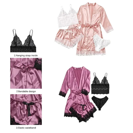 Women's Sexy Lace Satin Pajama Set - 4 Piece Sleepwear Collection