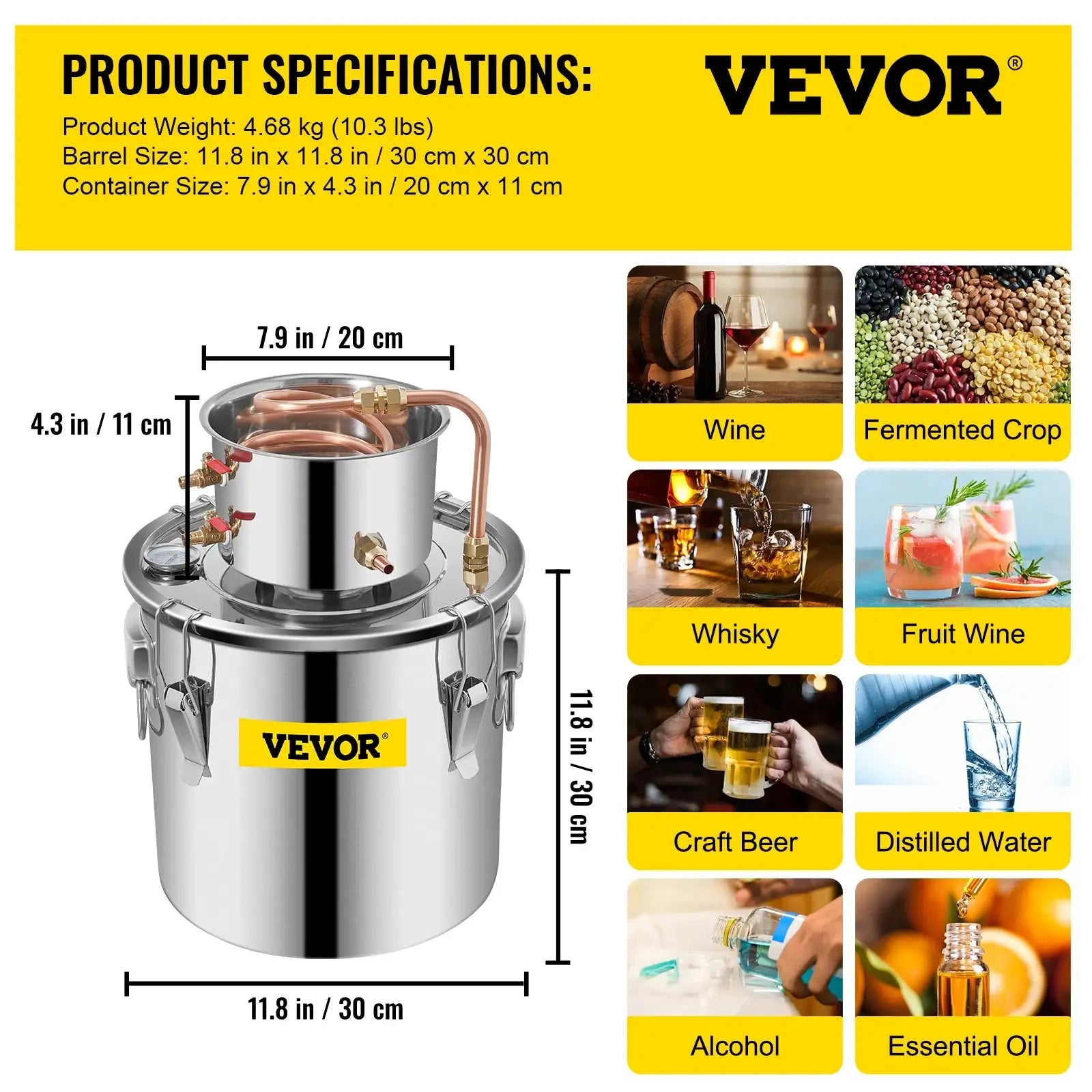 VEVOR Moonshine Distiller Alambic Copper Stainless 3 Gal 20L / GERMANY