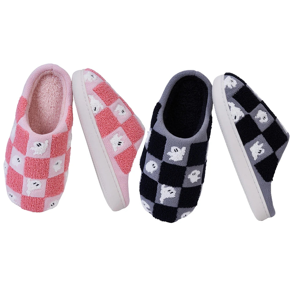 Chaussons en peluche à carreaux Ghost chauds à enfiler bout fermé