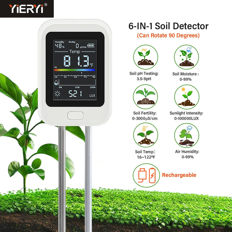 Rechargeable 6-In-1 Soil Tester for Gardening with pH Moisture Light Fertility