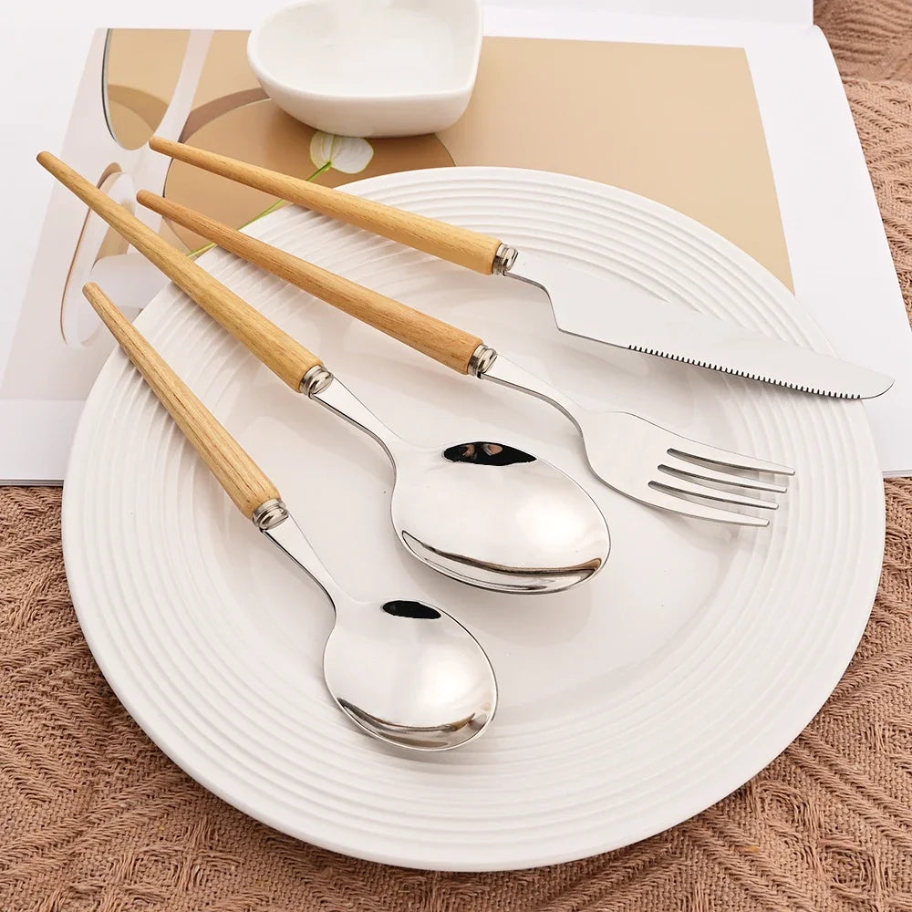 Wooden Handle Stainless Steel Dinnerware Set &ndash; Eco-Friendly Flatware Gift