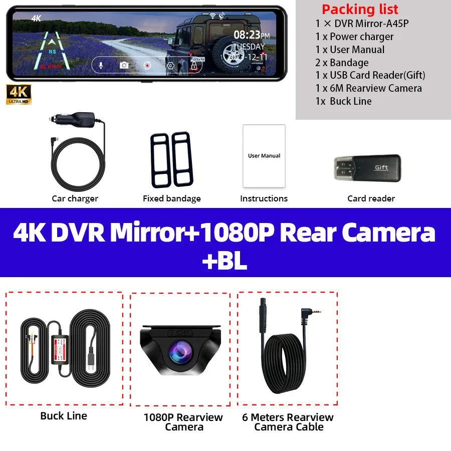 Acceo A45P Mirror Car Recorder &ndash; 4K Ultra HD 12 Inch IPS DVR With 6M RC-BL / 64G