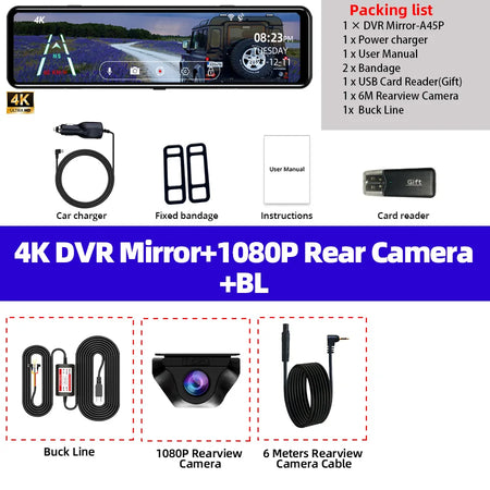 Acceo A45P Mirror Car Recorder &ndash; 4K Ultra HD 12 Inch IPS DVR With 6M RC-BL / 64G