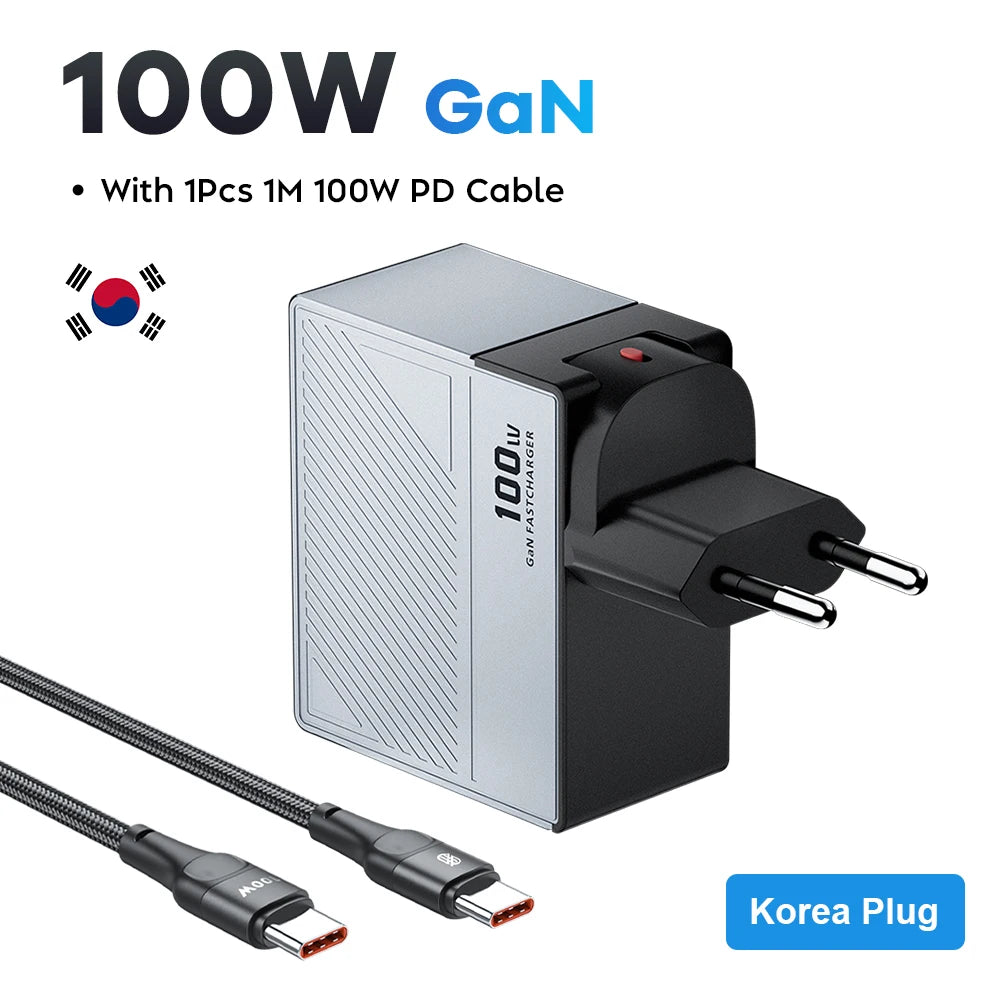 GaN USB Charger 100W &ndash; Ultra-Fast Charging for Multiple Devices KR Plug With Cable