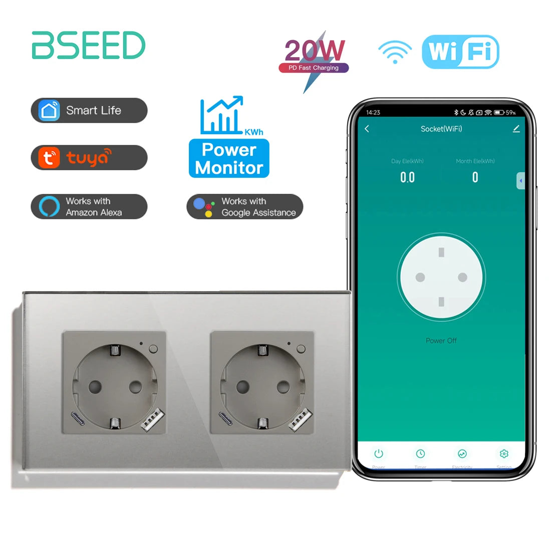 BSEED Smart Wifi Wall Socket 157mm Gray / EU