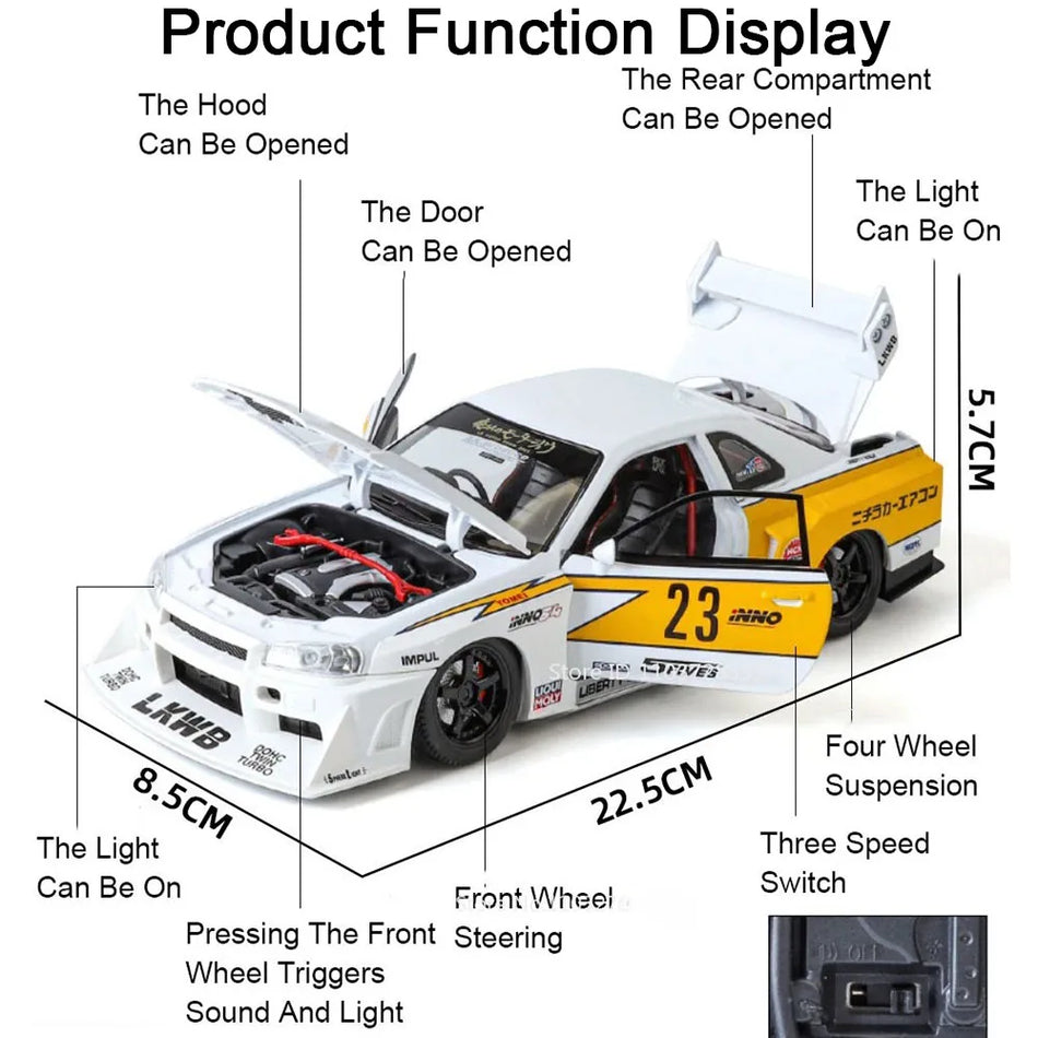 Model de mașină din metal la scară 1:24 GTR-S15/GTR-R34 cu uși deschise și direcție.