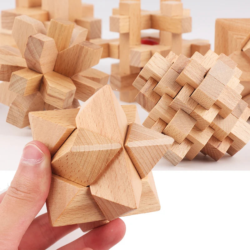Bamboo Wooden Brain Teaser Puzzle - Kong Ming Lu Ban Lock - Montessori 3D Educational Toy for All Ages