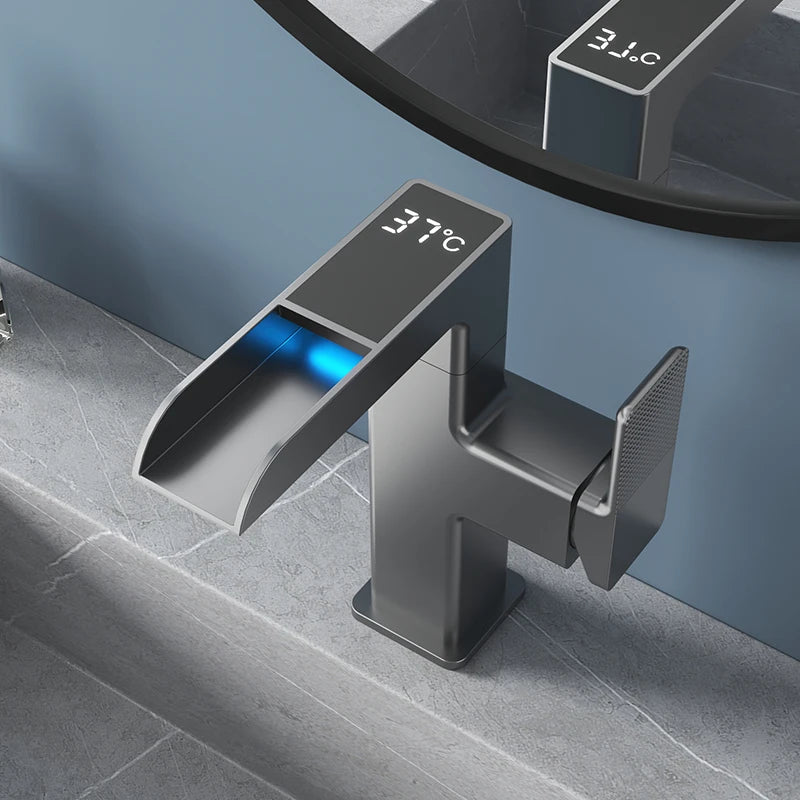 Basin Waterfall LED Faucet – 360 Rotation Temp LED Display