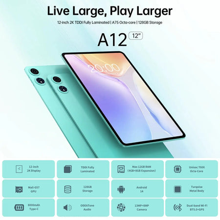 Odea A12 Android 14 Tablet 12in 128GB ROM 8000mAh Display