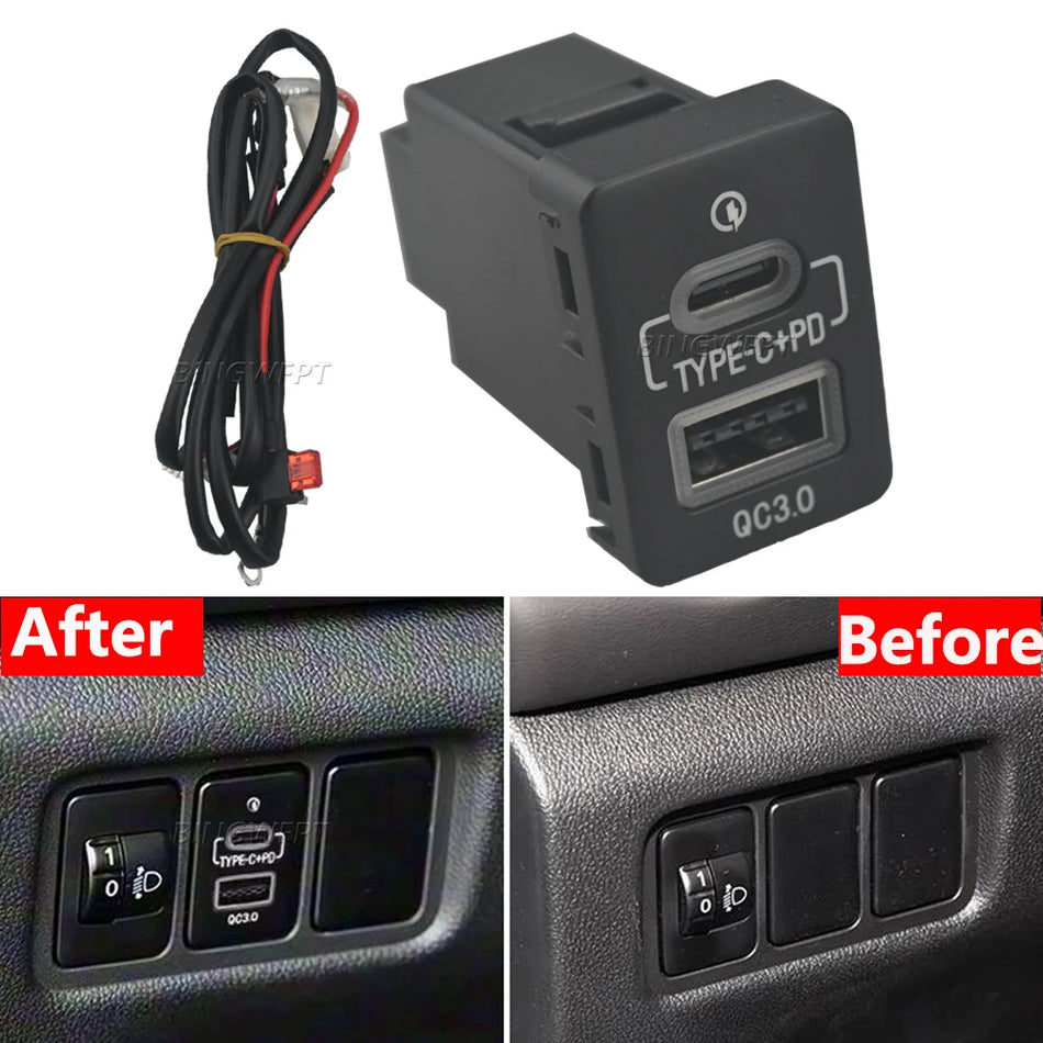 USB-autonlaturi PD-nopealaturilla, punainen LED, Mitsubishi Outlanderille