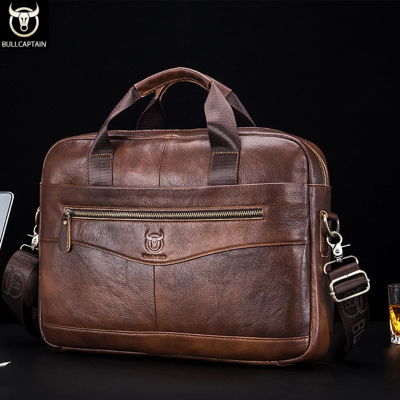 Genuine Cow Leather Laptop Briefcase, 14 Inch, Durable Professional With Secure Zipper