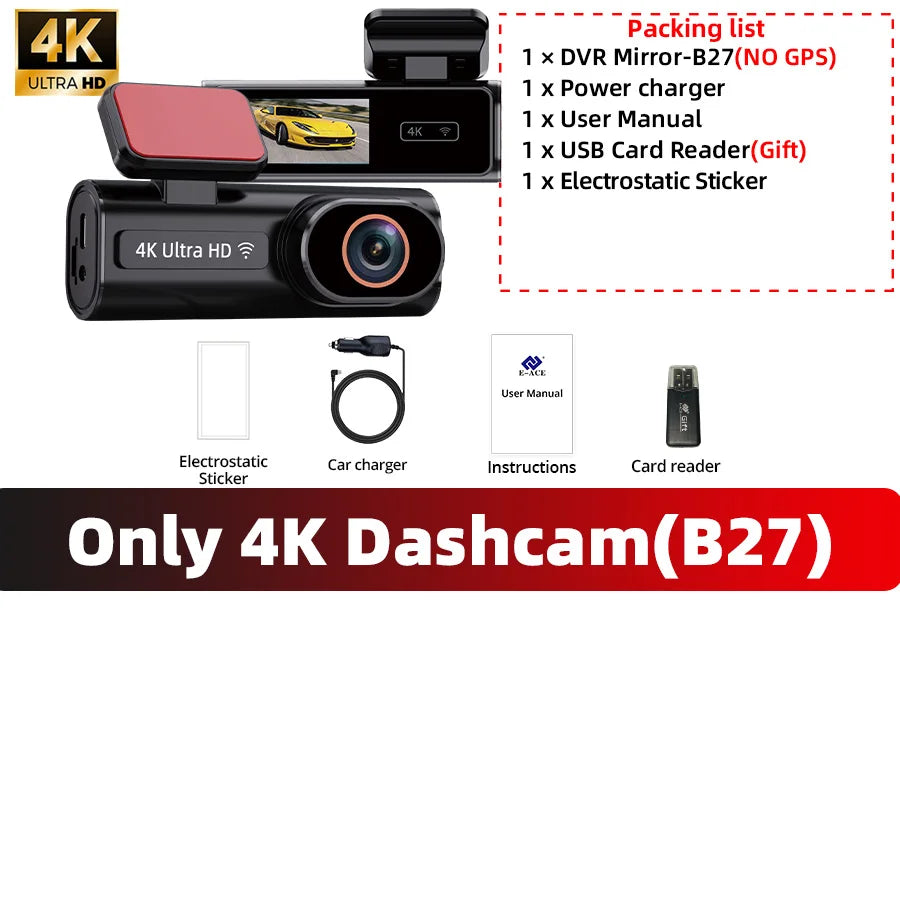 ACCEO Dash Cam WIFI GPS Mini Car DVR &ndash; 4K Front Dual Without Rear Camera / None