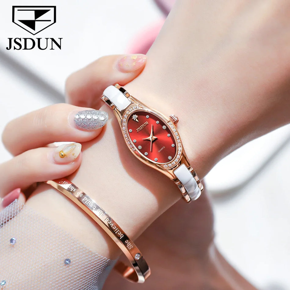🟠 Jsdun Brand Luxury Elegant Women Watches Швейцарские движения водонепроницаемые Quartz Watch Ceramic Fash Bracelet Watch Original