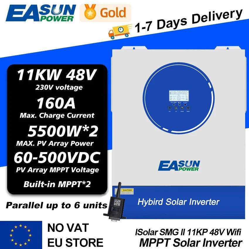 EASUN 48V 6200W Υβριδικός Αντιστροφέας Διπλός MPPT 160A WiFi 220V