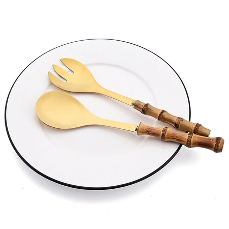 KNGZI 4Pcs Long Handle Serving Spork Set &ndash; Elegant Bamboo Wooden Handle