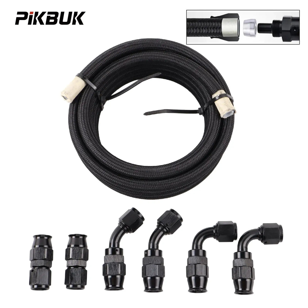 PIKBUK 10FT E85 An6 8 10 Tube Nylon Stainless Steel Braided PTFE Black Fuel Line Fitting Kit With 6 Pcs Swivel Hose Ends by InterCyprus Trading Ltd