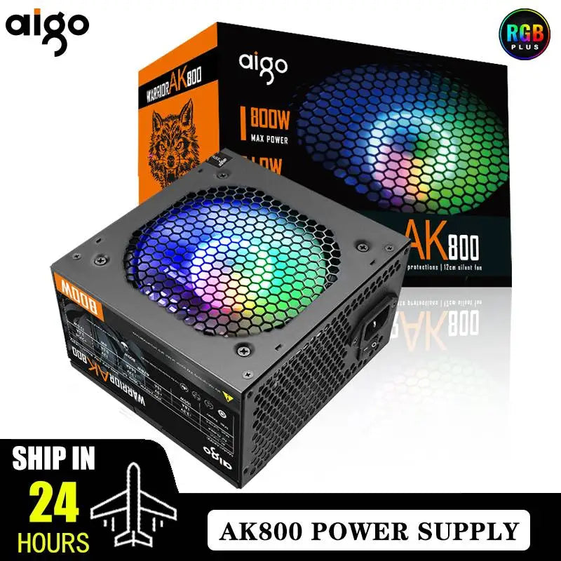 Aigo AK ATX PC PSU Power Supply Unit &ndash; RGB 120mm Silent Fan 800W / EU Plug