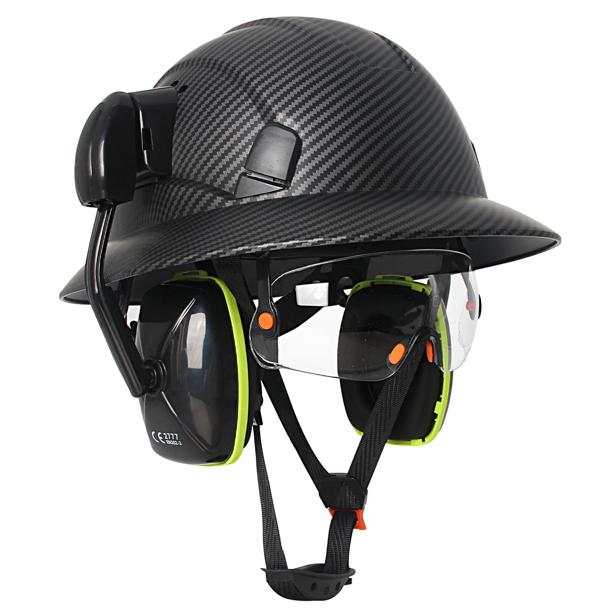 CE Full Brim Safety Helmet With Goggles &ndash; Built In Earmuffs Matte Black Set
