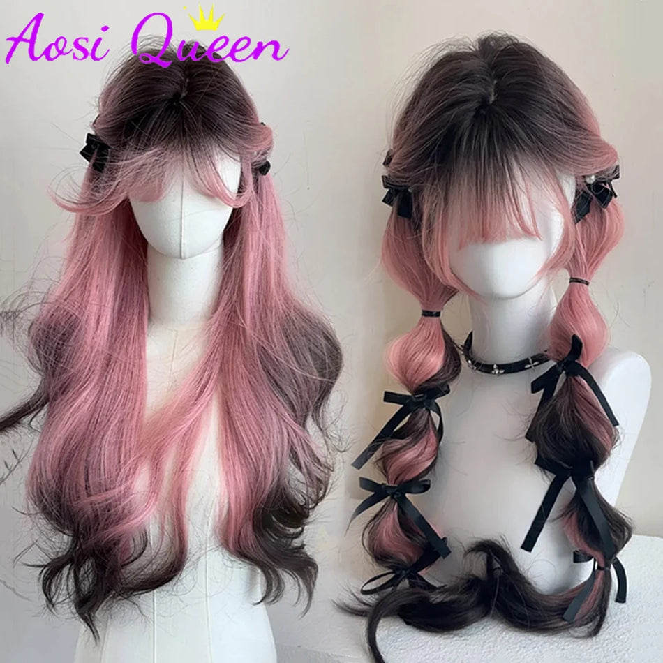 AosiQueen Black Pink Ombre Long Wavy Synthetic Wig with Bangs for Cosplay