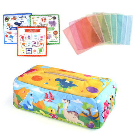 Sensory Montessori Baby Tissue Box Toy 0-18M - Colorful Soft Tissue Pump with Silk Scarves for Toddler Development and Finger Exercise A Dinosaur
