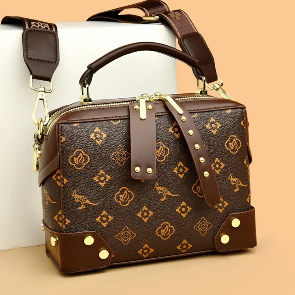 Ρετρό Πολυτελής Γυναικεία Τσάντα Ώμου PU Μίνι Μπόστον Χιαστί, Βίντατζ Κομψή με Ανθική Διακόσμηση