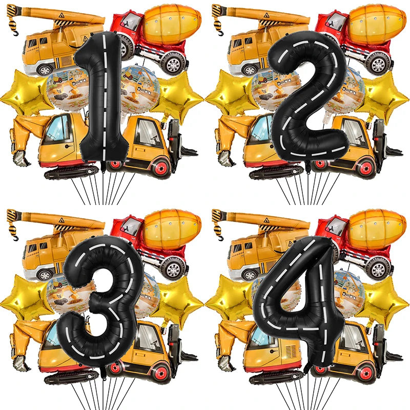 9Pcs/1Set Construction Vehicle Aluminum Film Balloon Excavator Crane 1-9 Digital Balloons Boys Birthday Party Decor Balloons