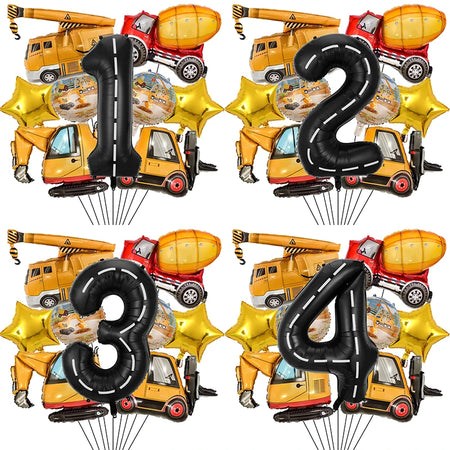9Pcs/1Set Construction Vehicle Aluminum Film Balloon Excavator Crane 1-9 Digital Balloons Boys Birthday Party Decor Balloons