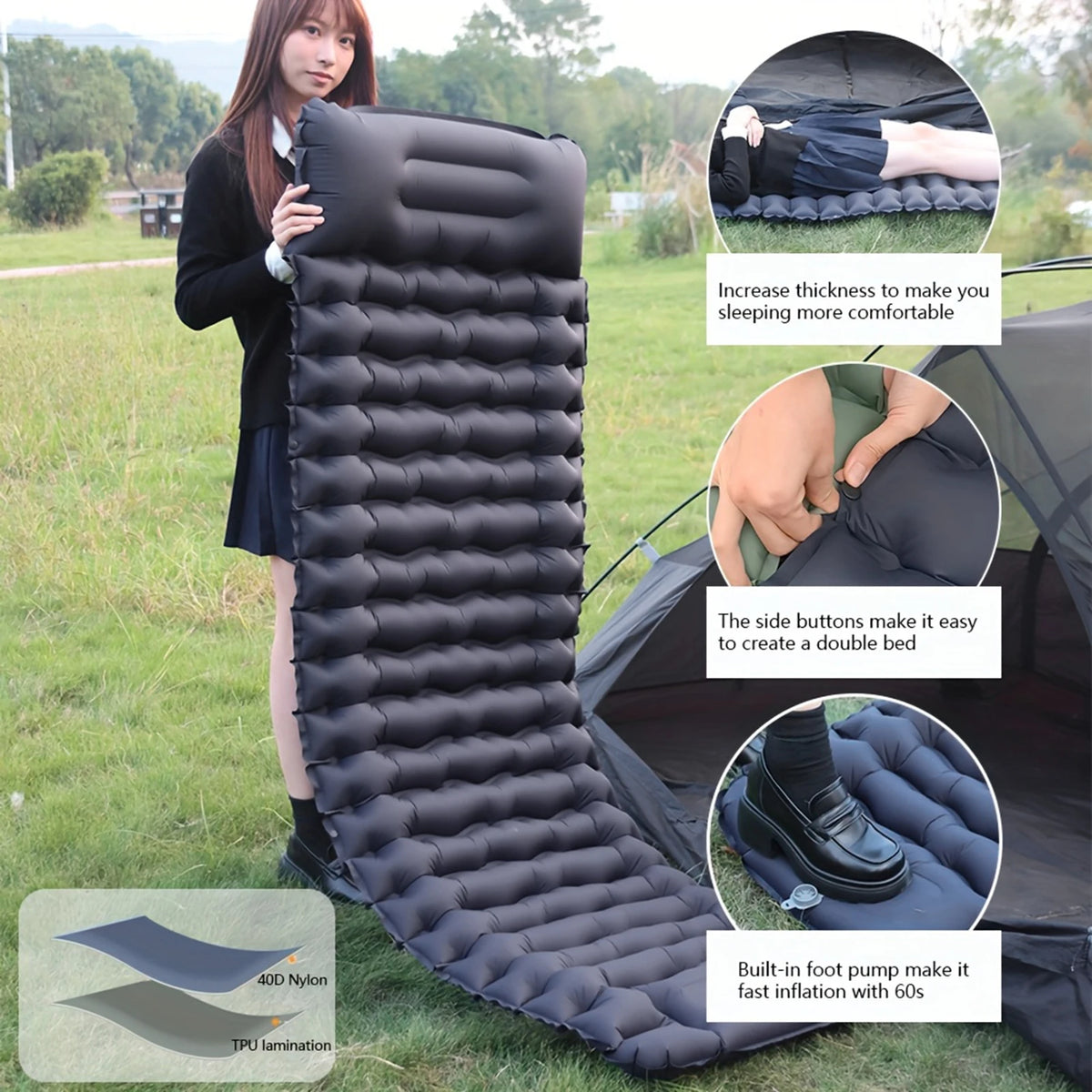 Camping Sleeping Pad with Pillow &ndash; Built-In Foot Pump