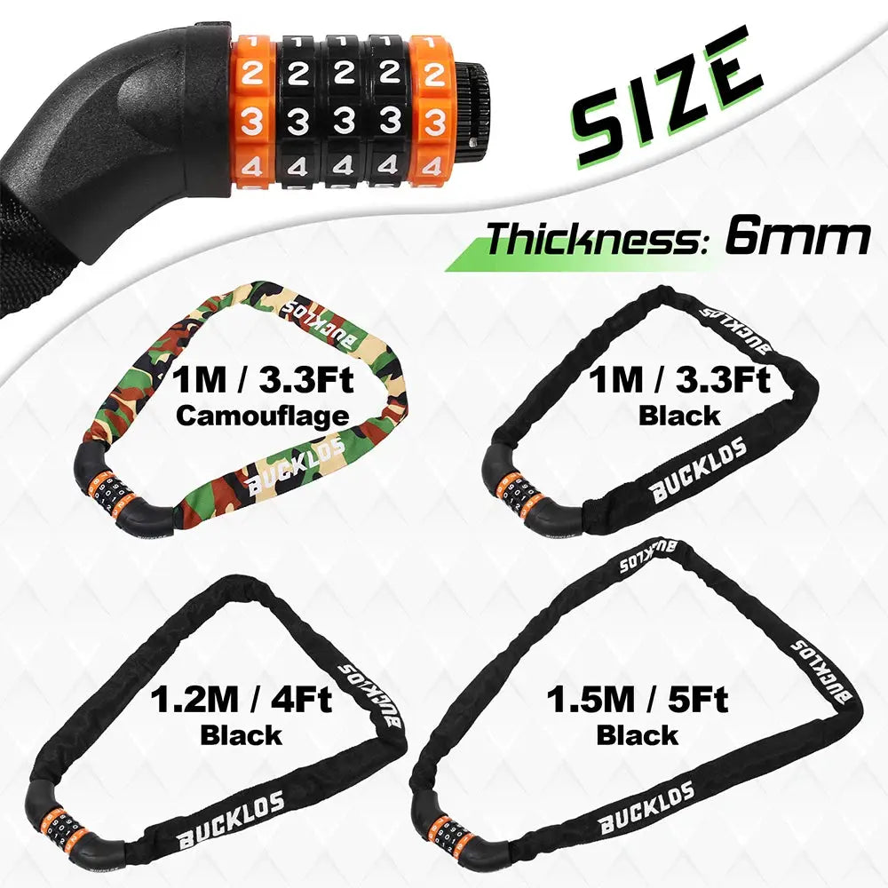 BUCKLOS Bicycle Chain Lock Zinc Alloy Bicycle Locks 0.65M 1M 1.2M 1.5M Universal Bike Password Locks for Scooter Electric E-Bike by InterCyprus Trading Ltd