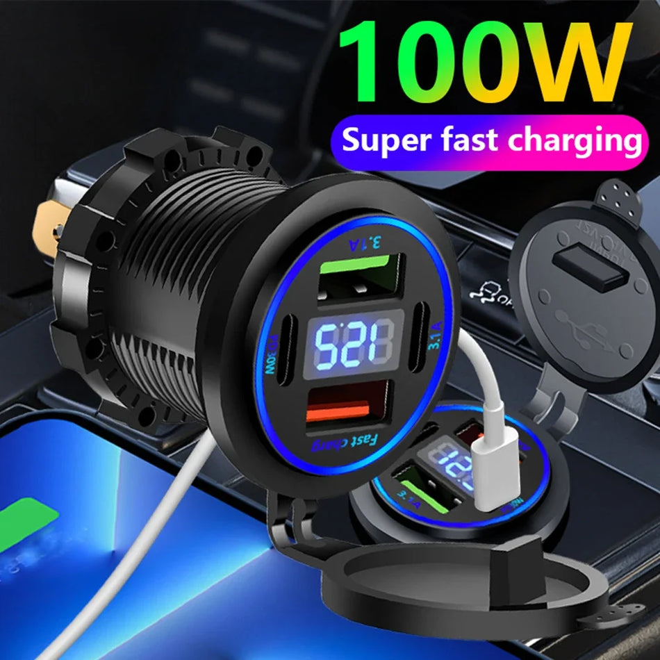 100W Dual Type-C Car Charger Waterproof With Voltmeter 12V 24V