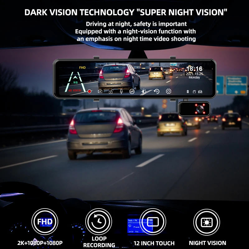 ACCEO 2.5K Dash Cam Mirror 12In 3-Channel &ndash; Night Vision