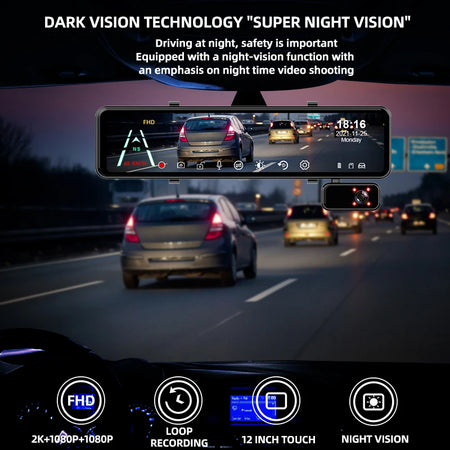 ACCEO 2.5K Dash Cam Mirror 12In 3-Channel &ndash; Night Vision
