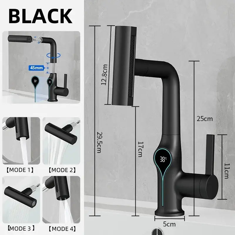 Waterfall Temperature Digital Display Basin Faucet Lift Up Down Stream Sprayer Hot Cold Water Sink Mixer Wash Tap For Bathroom black / Poland / include 60cm hose