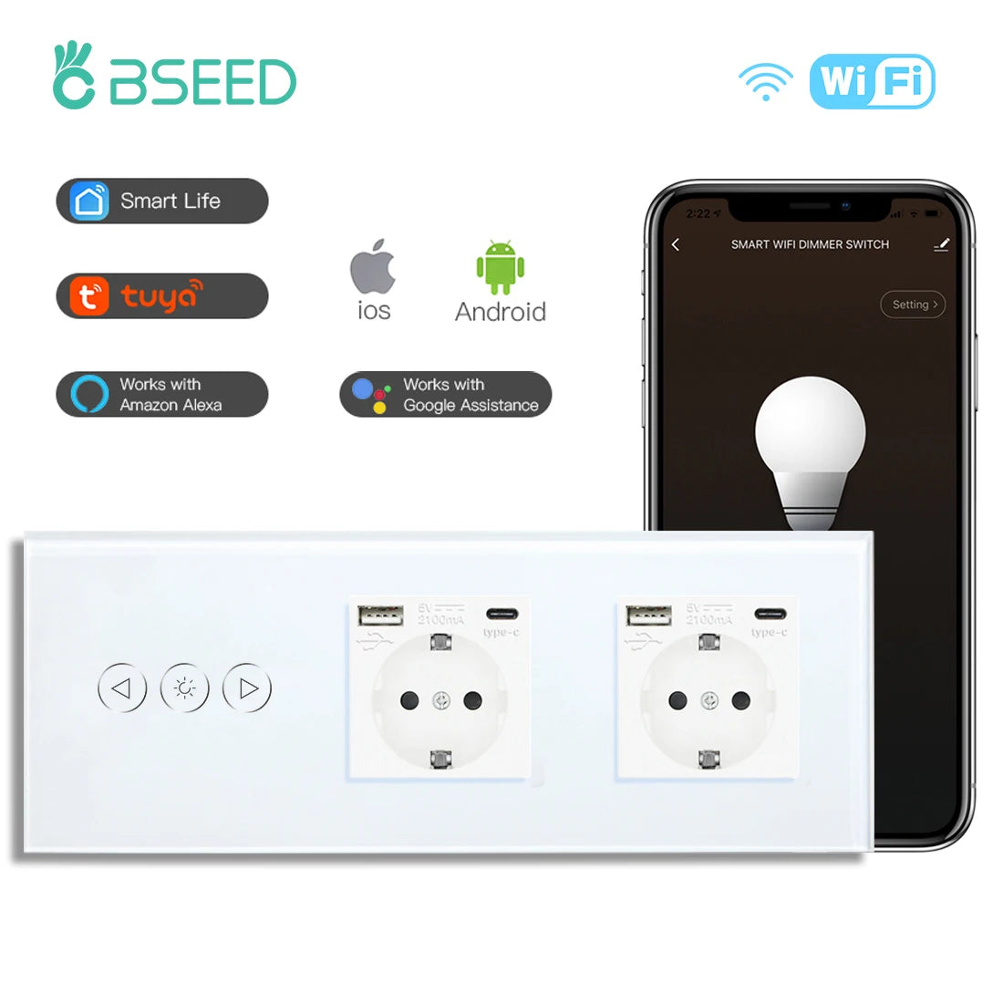 BSEED Wifi Dimmer Switch 1Gang &ndash; Alexa Ready Tuya Smart Life Dim Type-c Sockets / EU standard