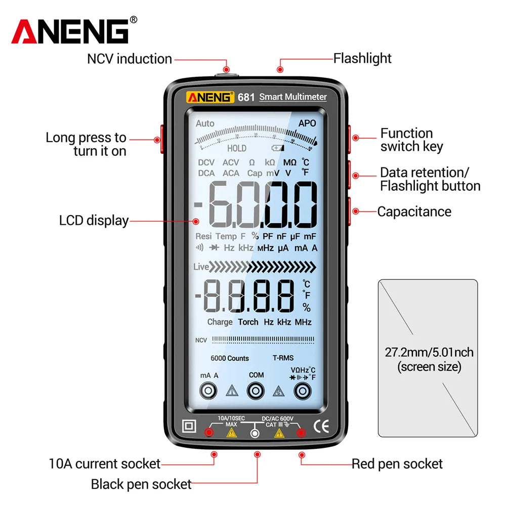 ANENG 681 Rechargeable Digital Multimeter - Non-Contact Voltage Tester with LCD Display
