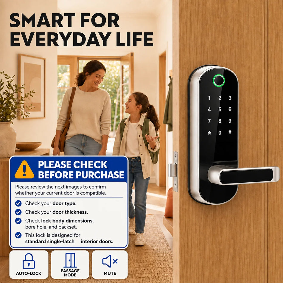 Smart Fingerprint Door Lock Keyless Entry Auto Lock Reversible Handle