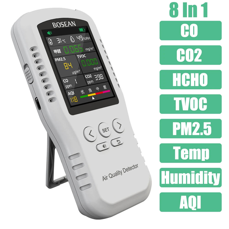 8 Σε 1 Ανιχνευτής Ποιότητας Αέρα CO2 CO HCHO TVOC PM25 AQI