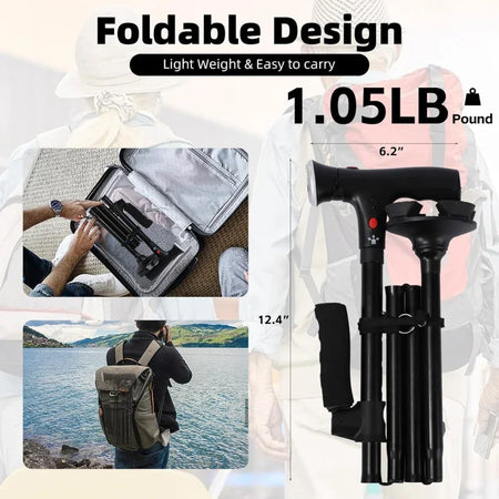 Adjustable Folding Walking Cane &ndash; Lightweight Collapsible Design with LED Light