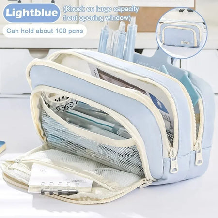 Kawaii Pencil Case | 3 Layer Cute Pen Bag | Large Capacity Korean Organizer With logo-Light blue
