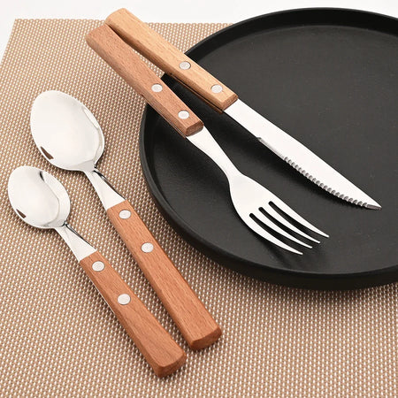 4Pcs Wooden Handle Cutlery Set &ndash; Eco-Friendly Stainless Steel Dinnerware