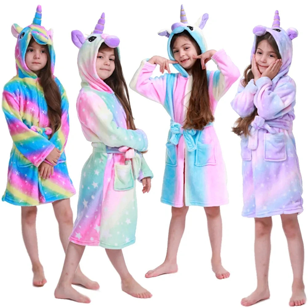 Unicorn Kids Hooded Bathrobe - Flannel Fleece Sleepwear for Girls